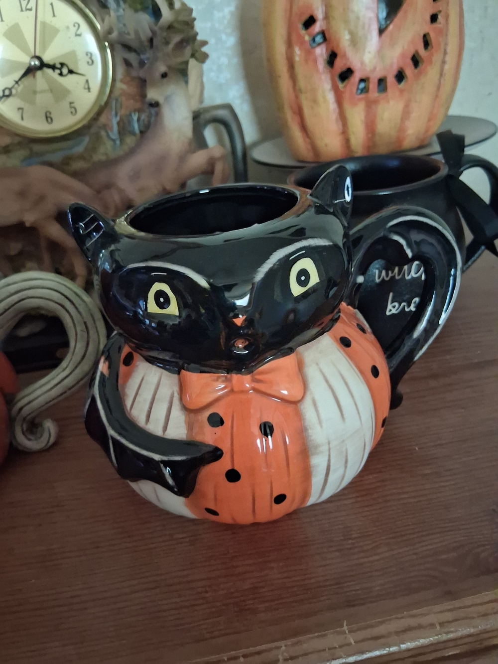Black and Orange Ceramic Cat Pumpkin Vase - Home Accents